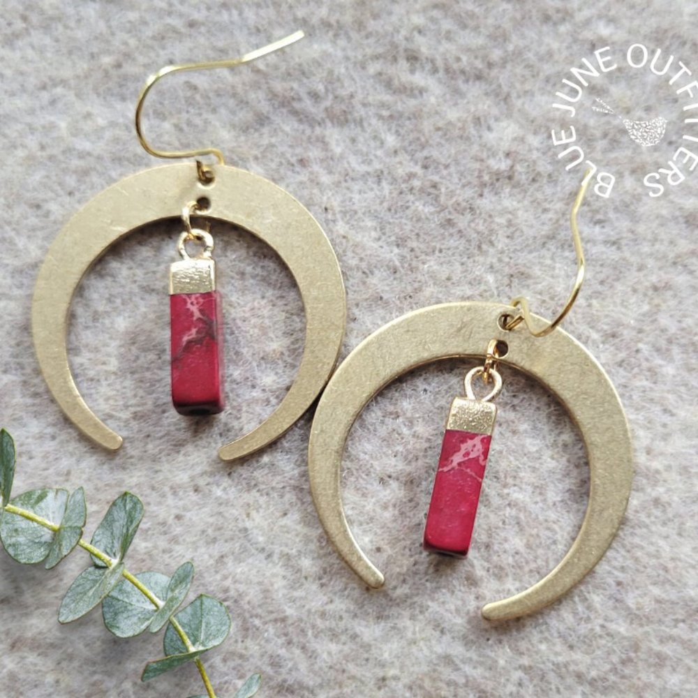 Imperial Jasper Crescent Moon Earrings | Hypoallergenic Gemstone Dangle Earrings